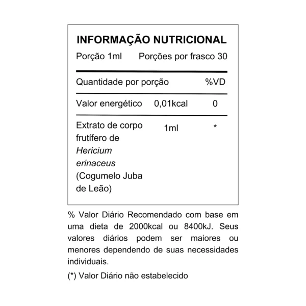 Tabela Nutricional Extrato Juba de Leão Micomedicina